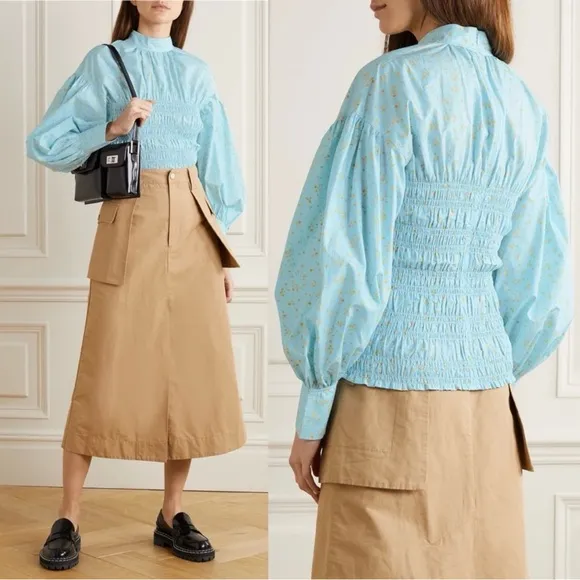 NWT Ganni Shirred Floral Organic Cotton Blend Poplin Blouse Puff Sleeve Blue - Image 2