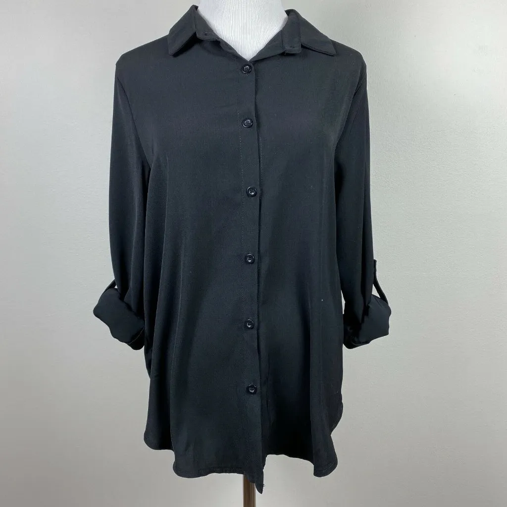 Misslook Blouse Womens XL Black Long Tab 3/4 Sleeve Button Up Top Office New NWT - Image 2