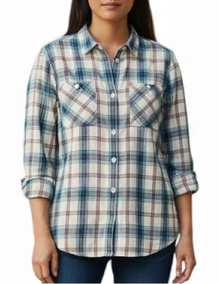 HORNY TOAD mixologist blue white red plaid button down tunic cinch back shirt XS - Image 1