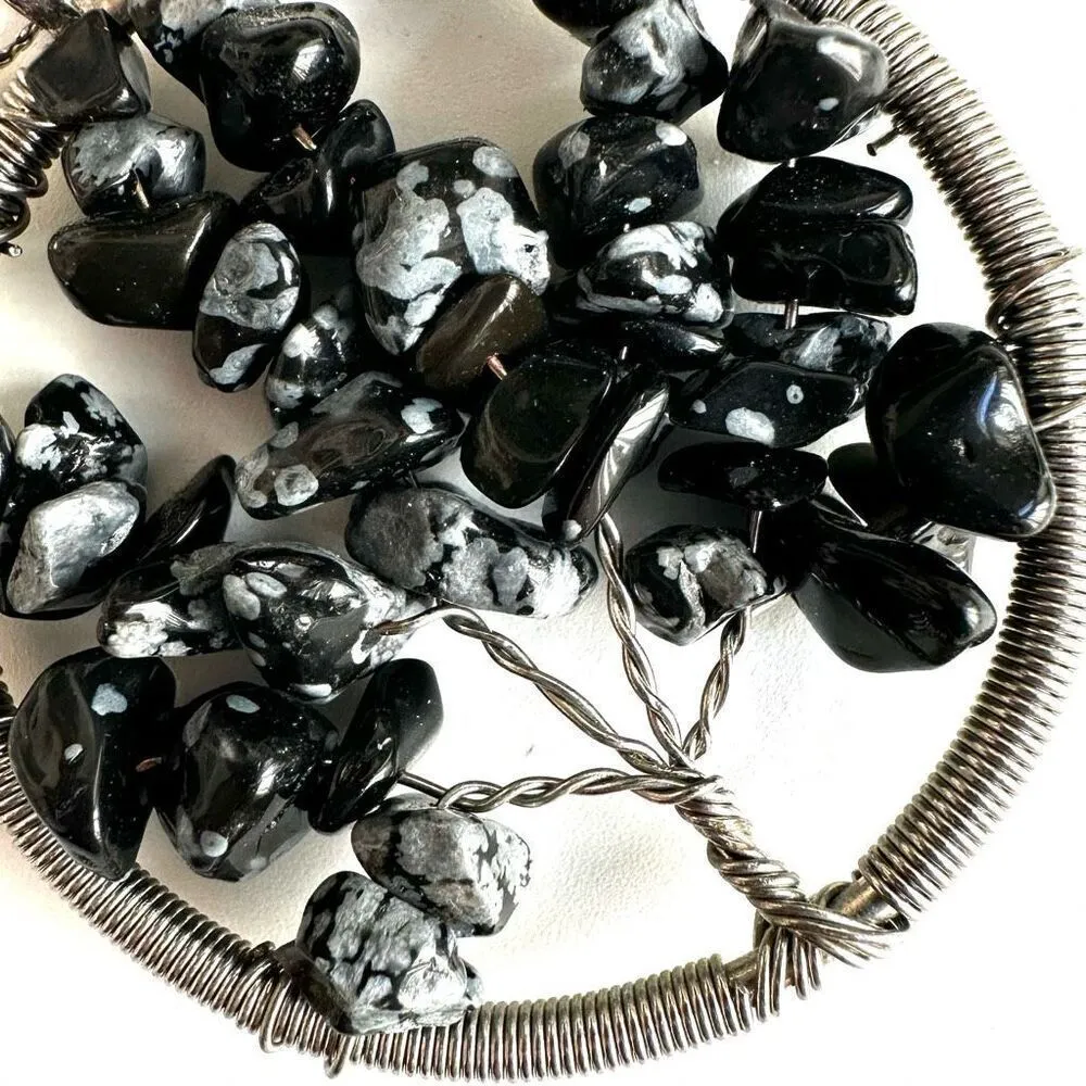 Tree Of Life Wire Wrapped Pendant Snowflake Obsidian Tumbled Chips Silver - Image 9