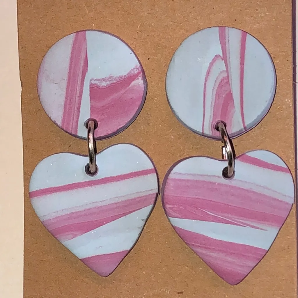 Pink and Light Blue Retro Boho Clay Heart Dangle Earrings - Image 2