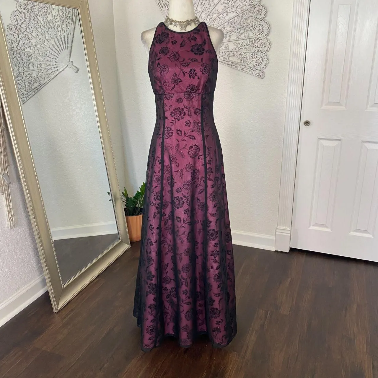Early 2000's Whimsygoth Black Pink Purple Mesh Rose Crushed Velvet Prom Dress S - Image 3