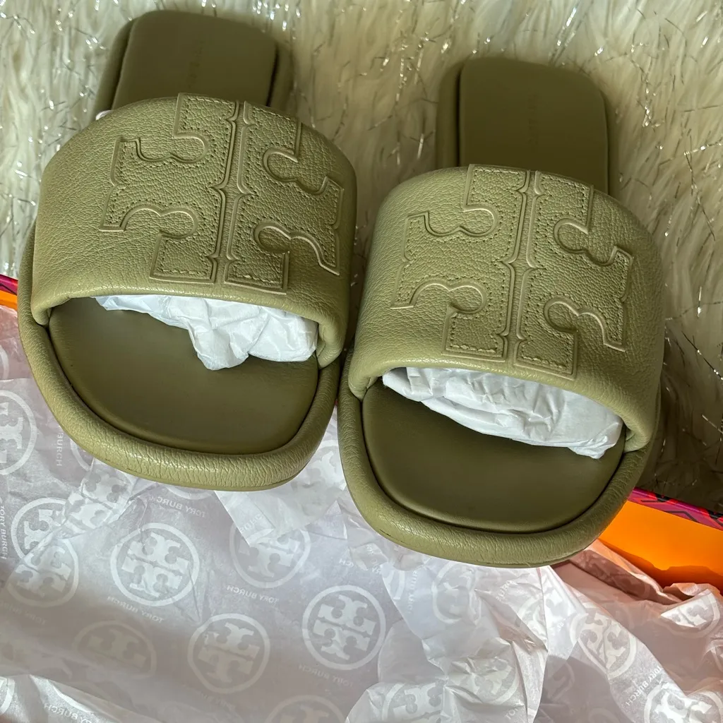Tory Burch Olive Sprig Women’s Double T Sport Slide Tumbled Leather Size 9.5 - Image 3