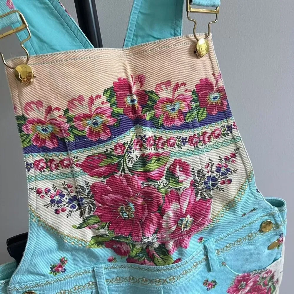 NWOT Manoush Women's Overalls Blue Denim Jeans Floral Flowers Cutoff Short 34 Size undefined - Image 2
