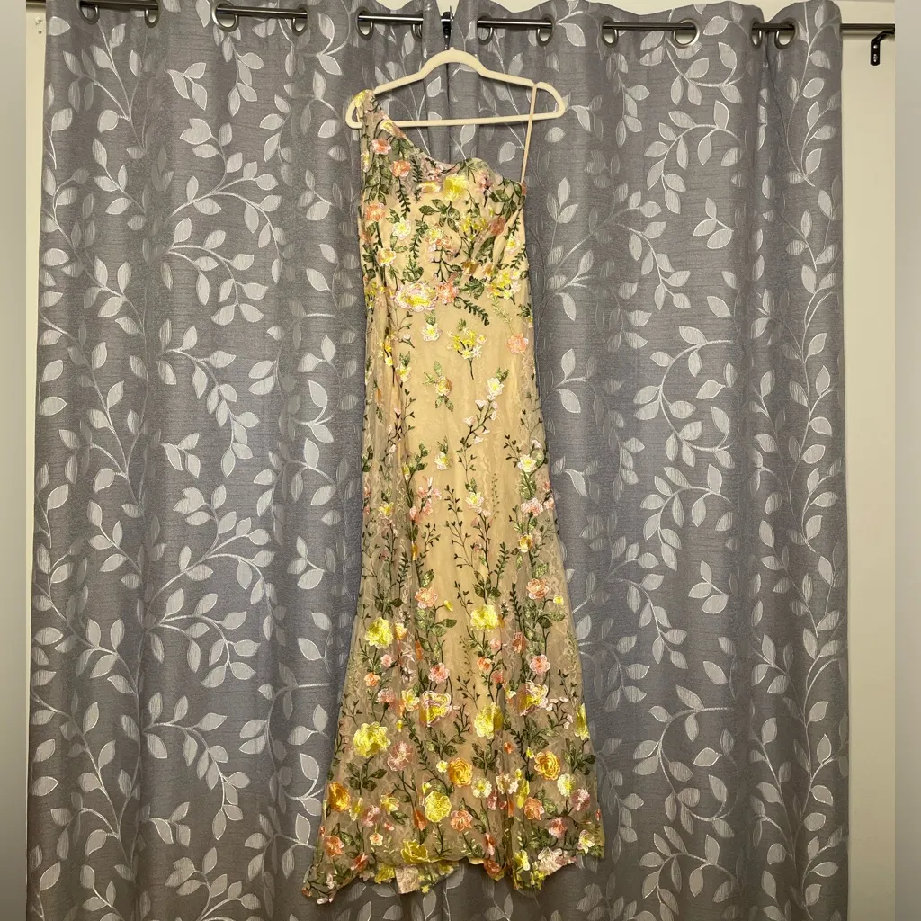 MAC DUGGAL Beige One Shoulder Floral Embroidered Gown in Yellow Multi - Image 6