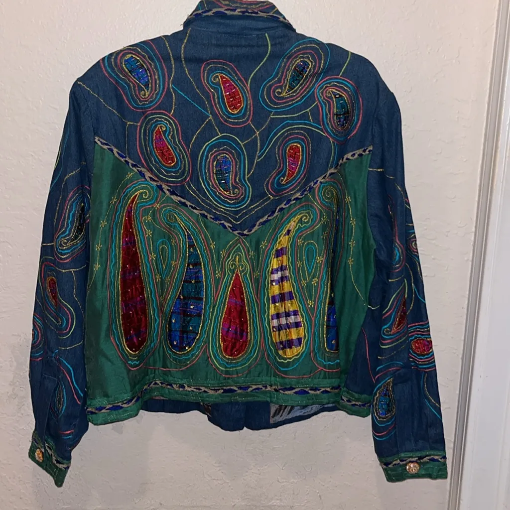 Vintage Jean Jacket Wearable Art Embroidered Denim & Silk Jacket Abstract Art Size XL - Image 9
