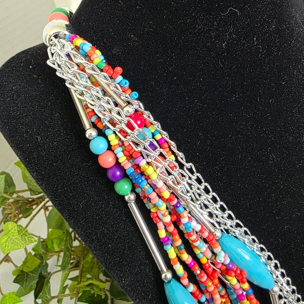 Boho Multi Strand Necklace with Matching Earrings Set Red - Image 3