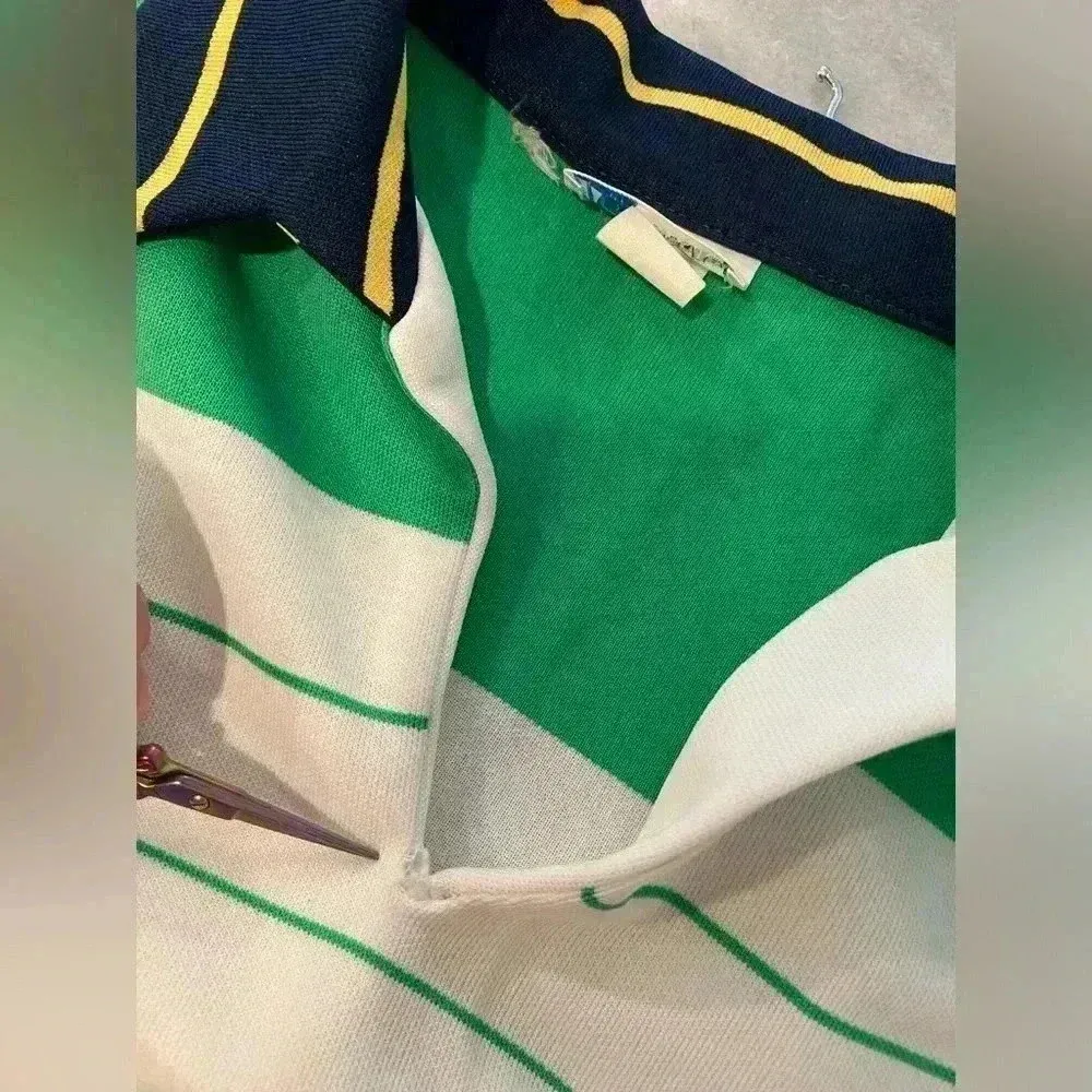 VTG Women’s 70s Pointy Collar V Neck Short Sleeve Split Hem Striped Polo Size M Green Size M - Image 5