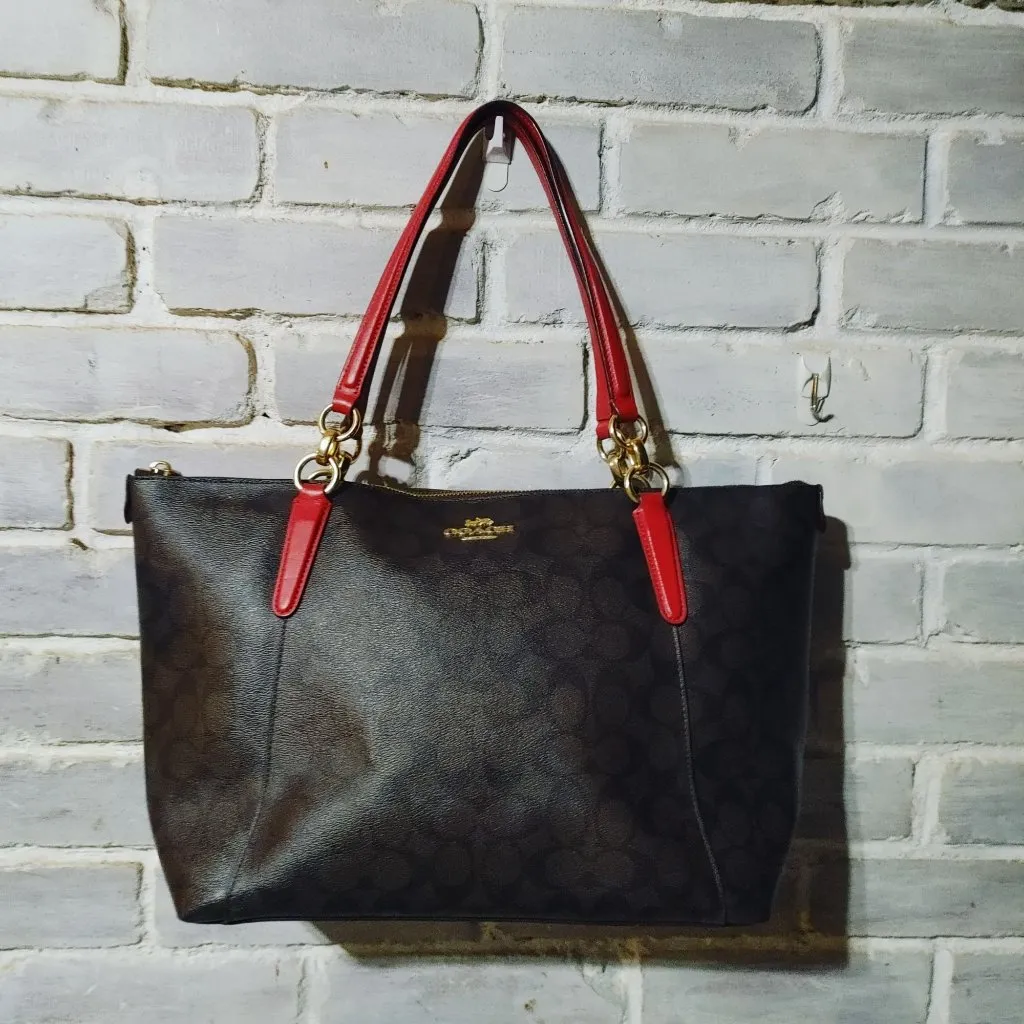 Coach Ava Tote Signature Canvas Brown Red Tote Bag Gold Tone Hardware Zip Dual - Image 14