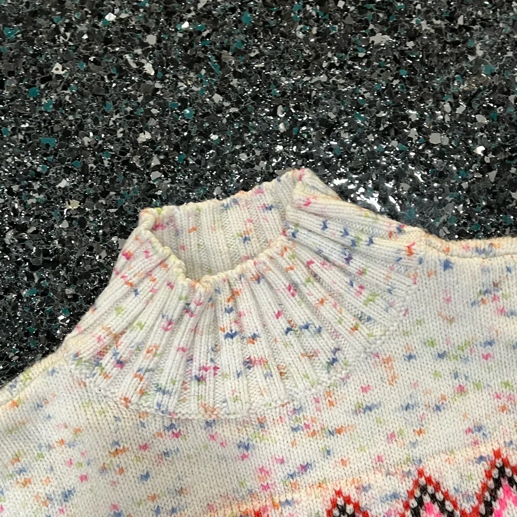 Loft Flecked Fair Isle Mock Neck Sweater Sz Small Gray Pink Apres Ski 90s 80s - Image 3