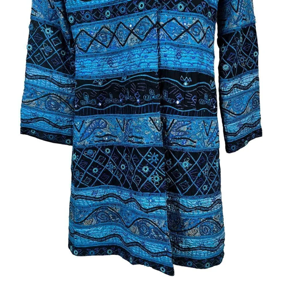 Chicos Sapphire Blue Deepwater Beaded Embroidered Brocade Dress Coat - Image 3