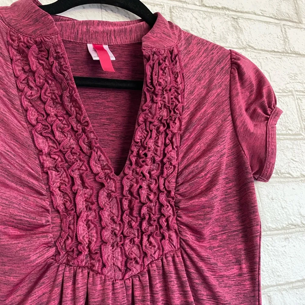 Pink Space Dye Ruffle Front Short Sleeve Shirt - Image 2