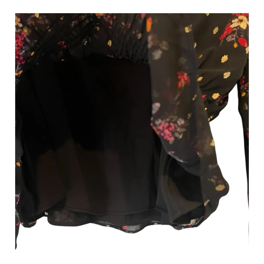 Vince‎ Camuto Large Black Semi Sheer Smocked Lined Tie Ruffled Floral Blouse - Image 3