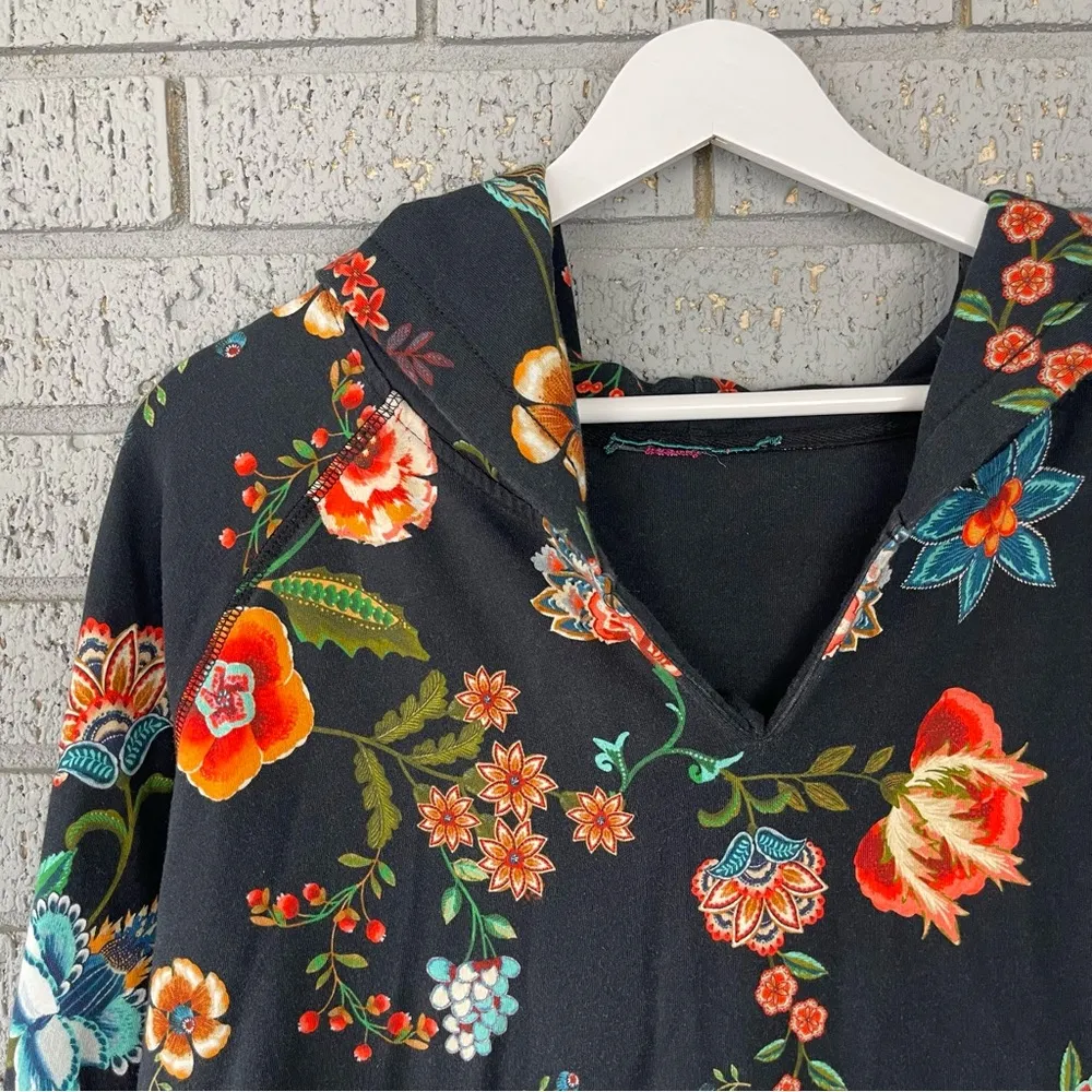 Johnny Was Ardell Pullover Hoodie Black Floral Print Boho Womens Small - Image 6
