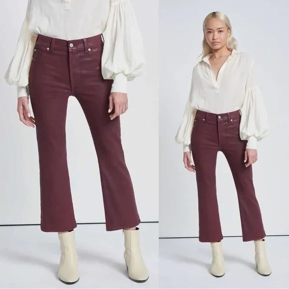 7FAM • High Waist Slim Kick in Coated Ruby Rust crop flare maroon burgundy ankle - Image 2