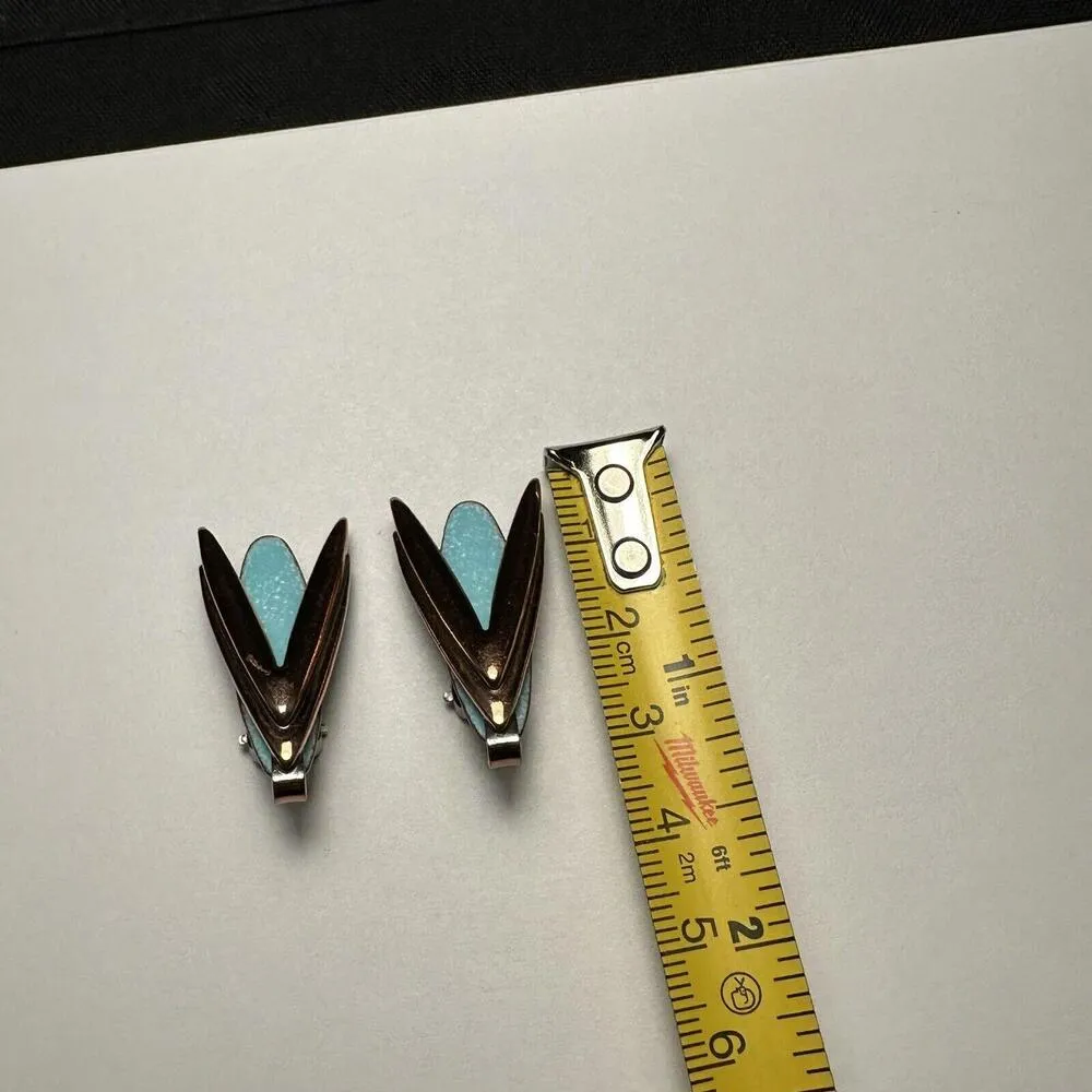Renoir Matisse Turquoise Blue Enamel Enamel Clip On Earrings Copper Signed - Image 4