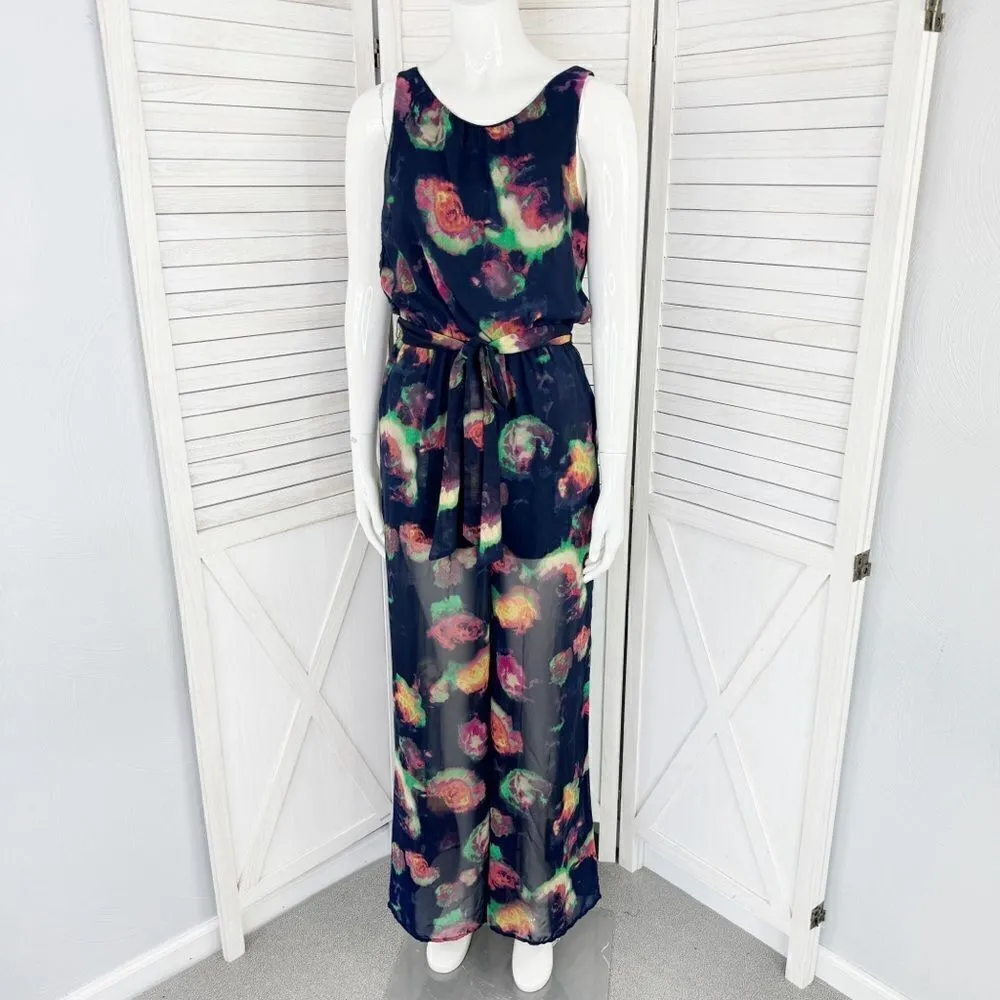Astr the Label Abstract Print Sheer Wide Leg Jumpsuit Navy Blue Medium - Image 2