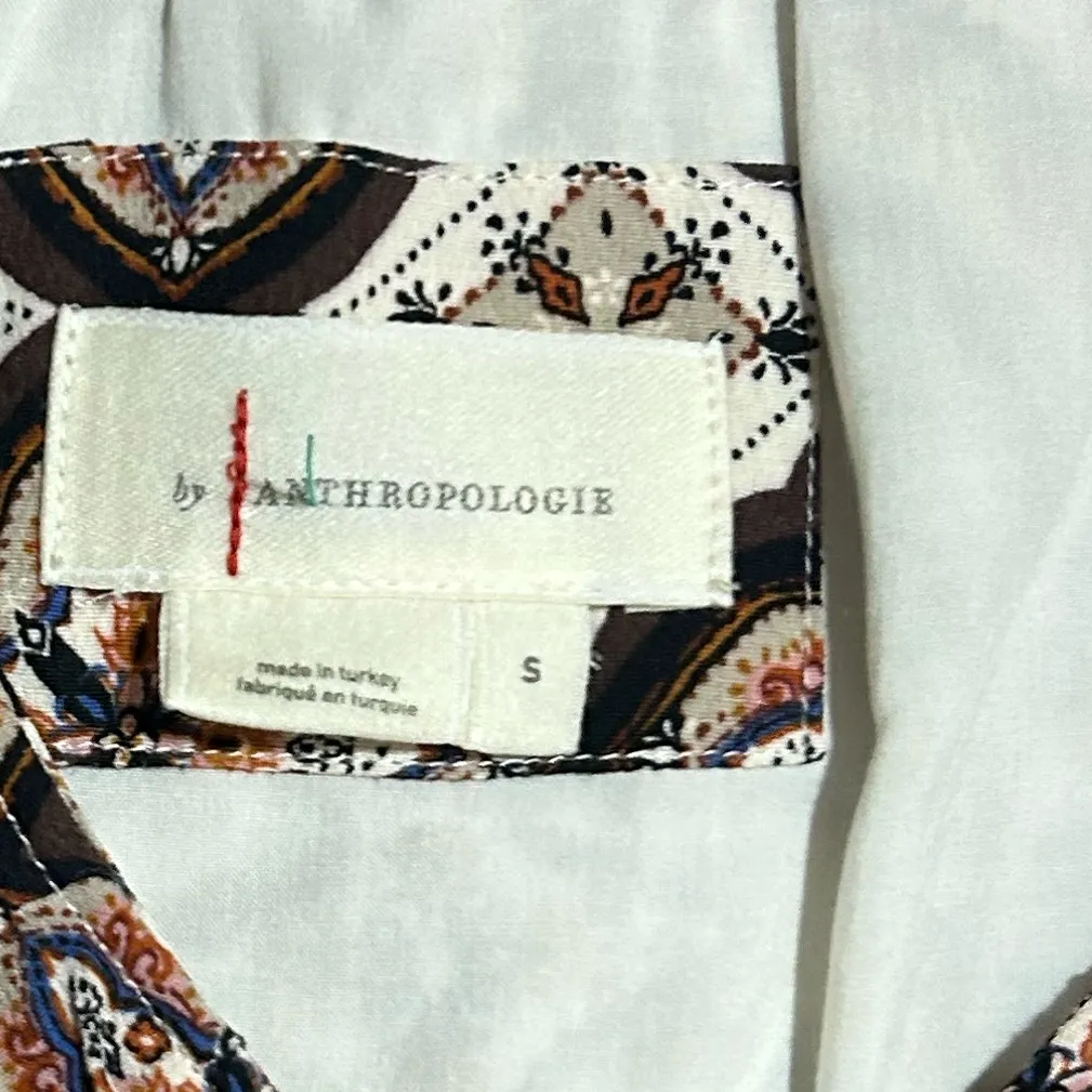 Anthropologie Tiered V-Neck Mini Dress Bohemian Patterned Dress Beige Boots SzS - Image 5