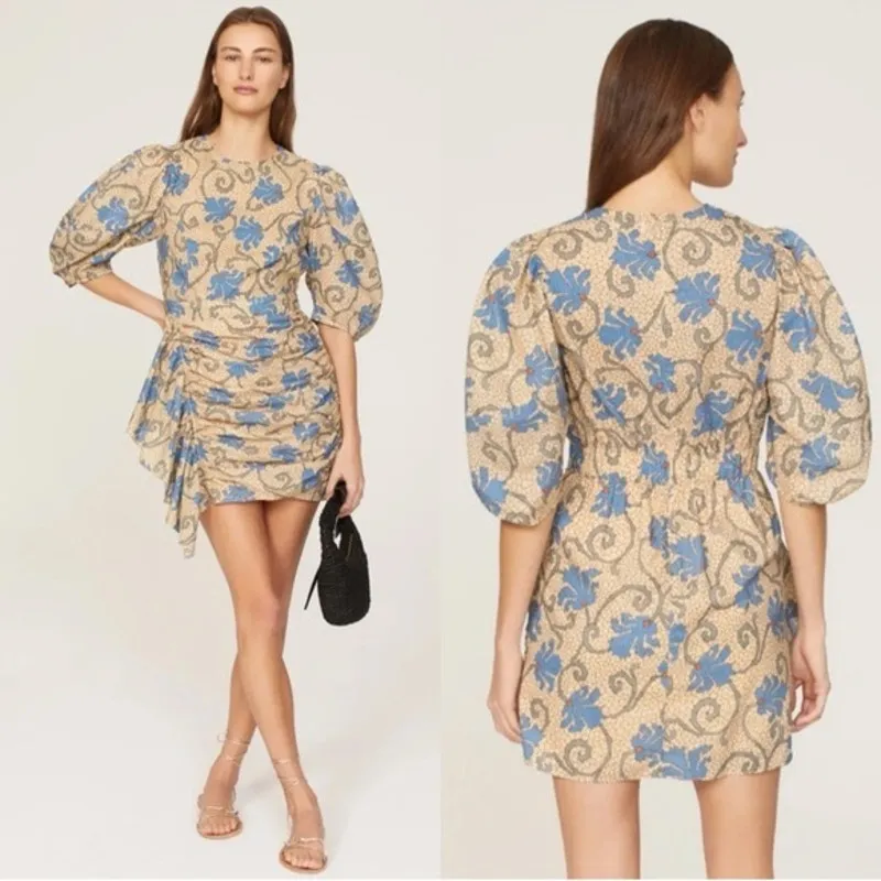 RHODE Beige Blue Floral Mosaic Blossom Pia Ruching Side Mini Dress size 6 - Image 8