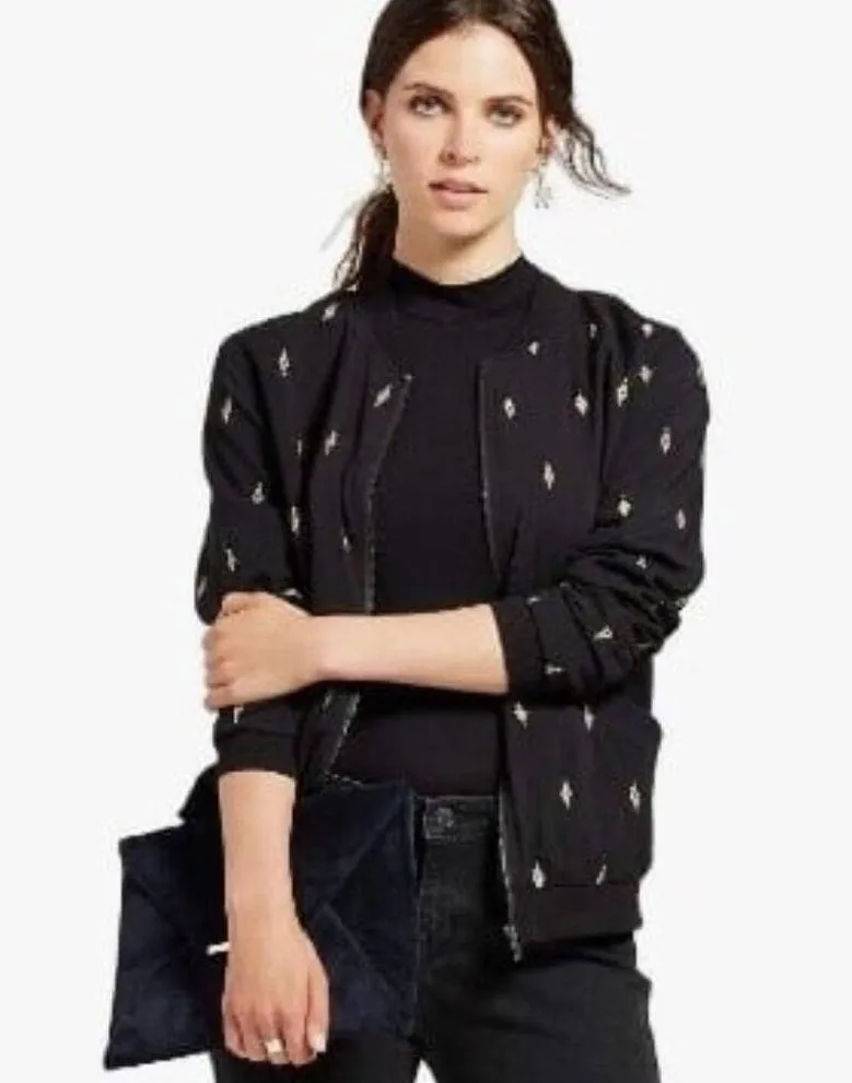 MOSSIMO Black Bomber Jacket w/ Silver Embroidered Aztec Geometric Design Size S - Image 8