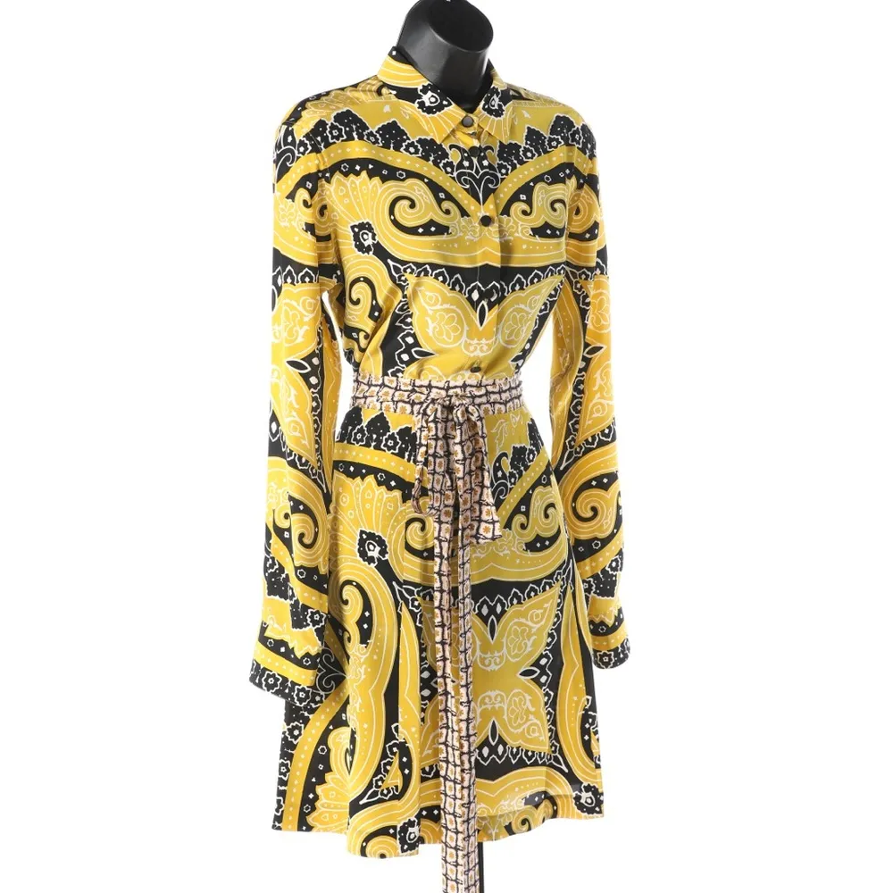 NWT Etro Silk Yellow & Black Pattern Knee Length Skirt w/ Tie Detail Size 6 - Image 8