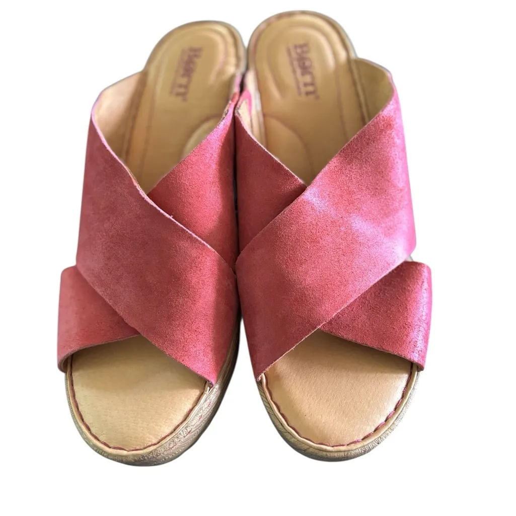 Born Nora Handcrafted Distressed Suede Wedge Sandal Sz 9 3” Wedge Heel Logo - Image 2