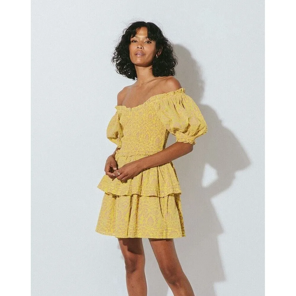 Cleobella Luna Mini Dress Camellia Print Organic Cotton Smocked Small Yellow‎ - Image 2