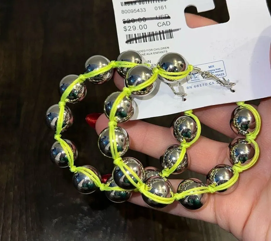 NWT  Neon Threaded Silver Ball Large Hoop Earrings - Image 3