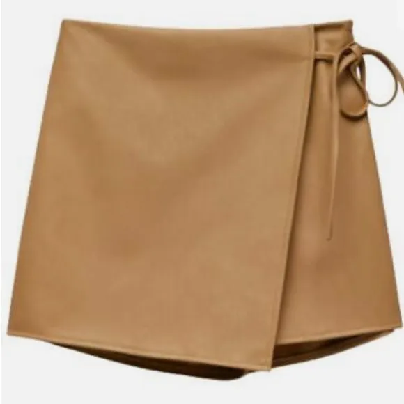 High waist faux leather wrap skort size M Tan Size M - Image 2