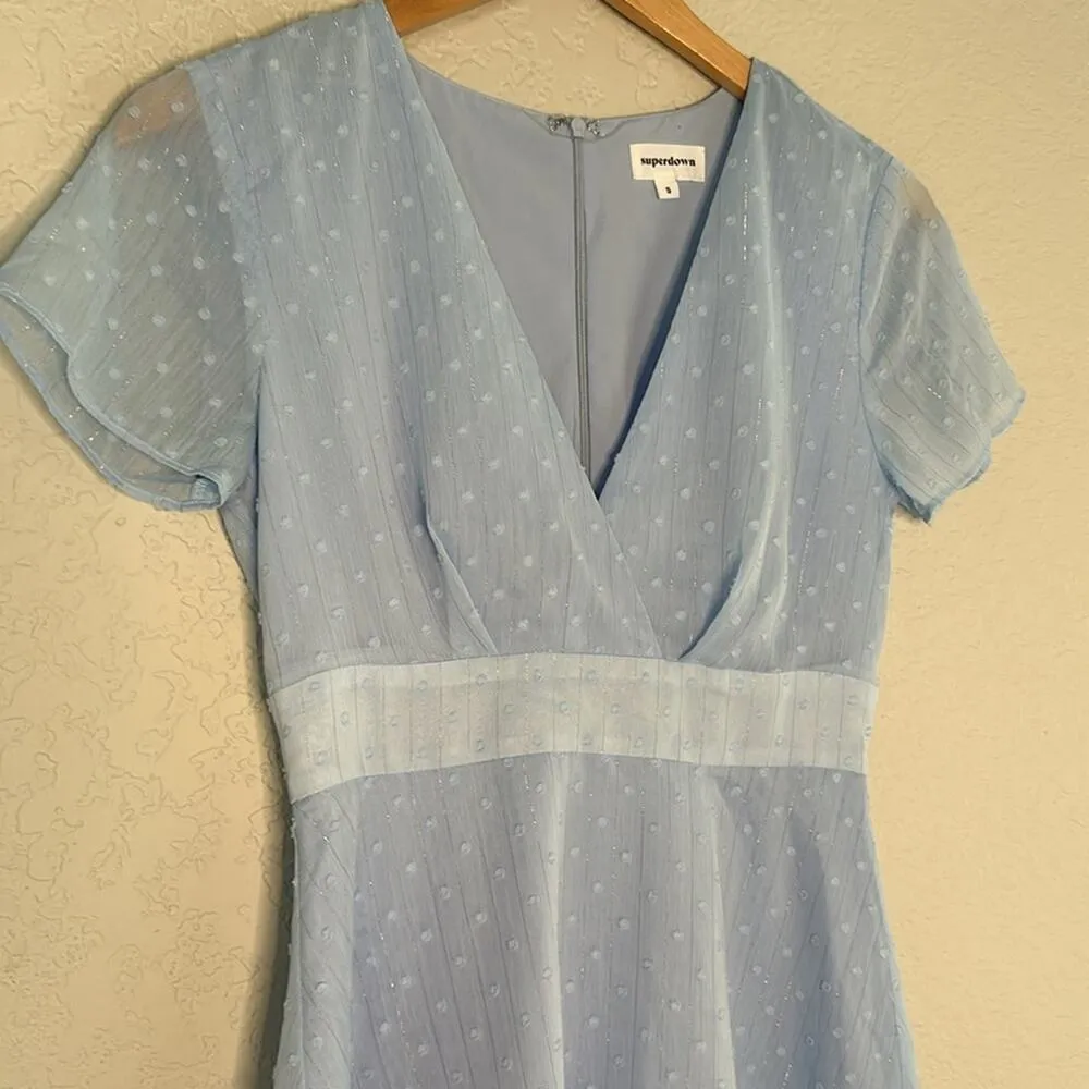Revolve Superdown Bree Mini Dress Sky Blue Chiffon Metallic Swiss Dot Shower - Image 3