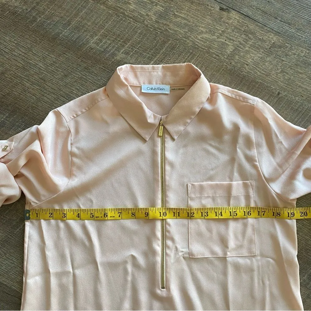Calvin Klein Blouse Blush Pink Top Gold Zip Medium Office - Image 10