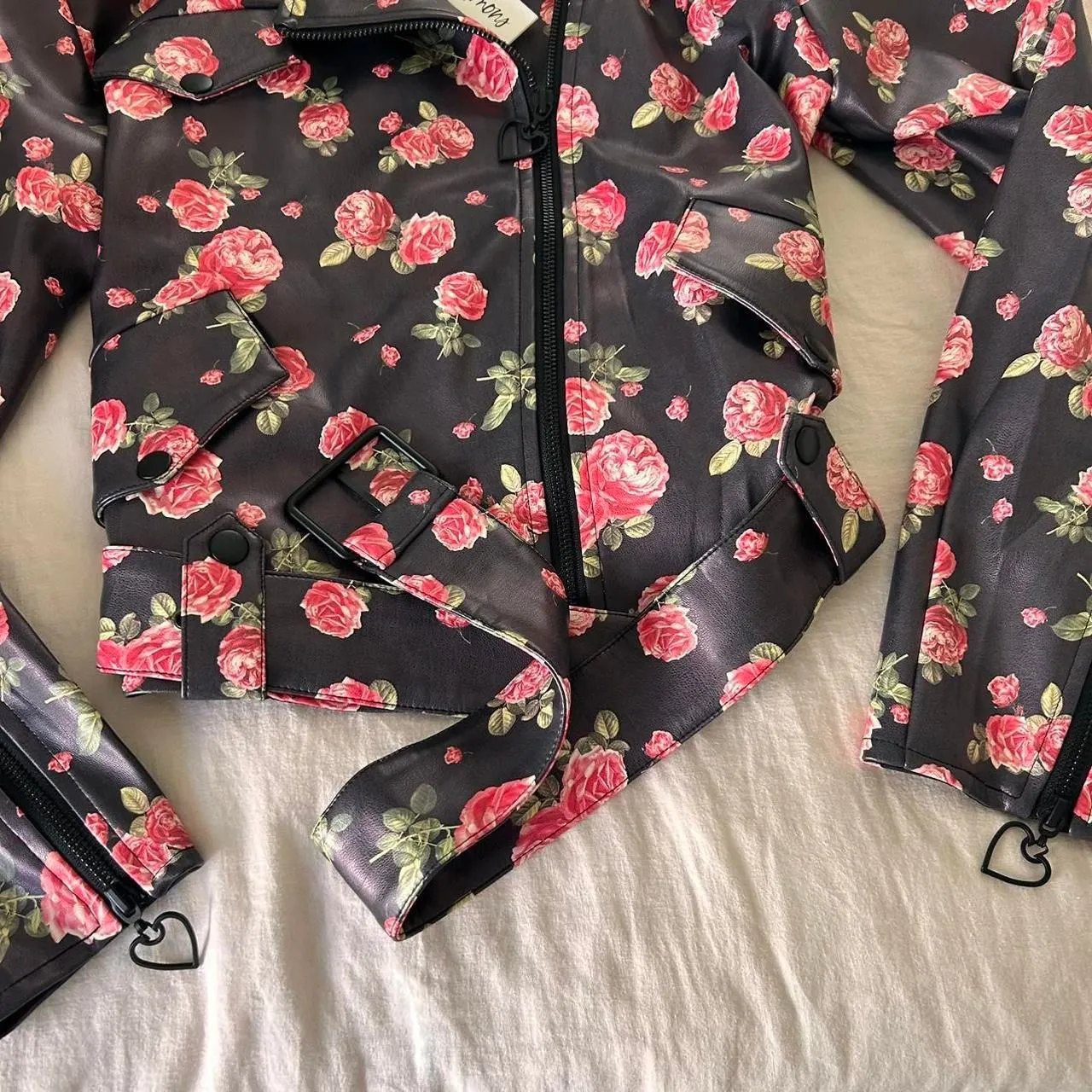 For Love & Lemons Wren Vegan Leather Moto Jacket Floral Rose Romantic Grunge new - Image 5