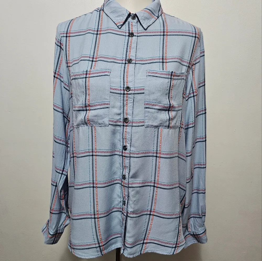 Anthropologie Pilcro Cate Light Blue Plaid Flannel Button Down Size Small - Image 2