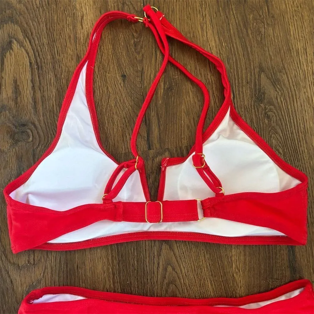 Women's Red High-Waisted Bikini Set Size S Adjustable Straps - Image 3