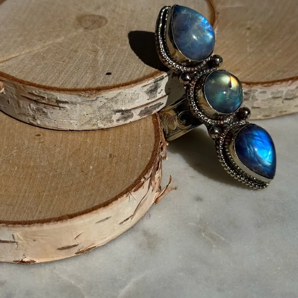 Elegant Silver and Triple Blue Moonstone Ring - Image 5