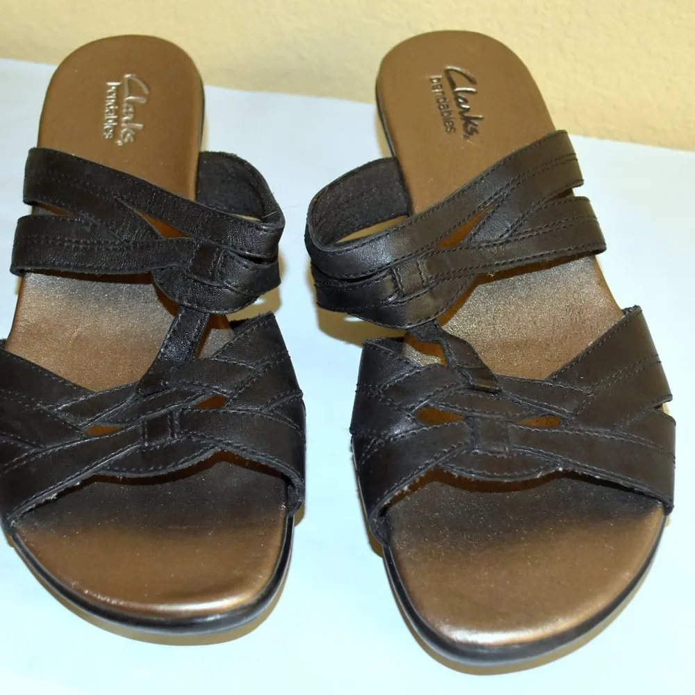 CLARKS BENDABLES BLACK WOMENS SLIP ON WEDGE SLIDES, 9M, LEATHER, EUC!!!! - Image 12