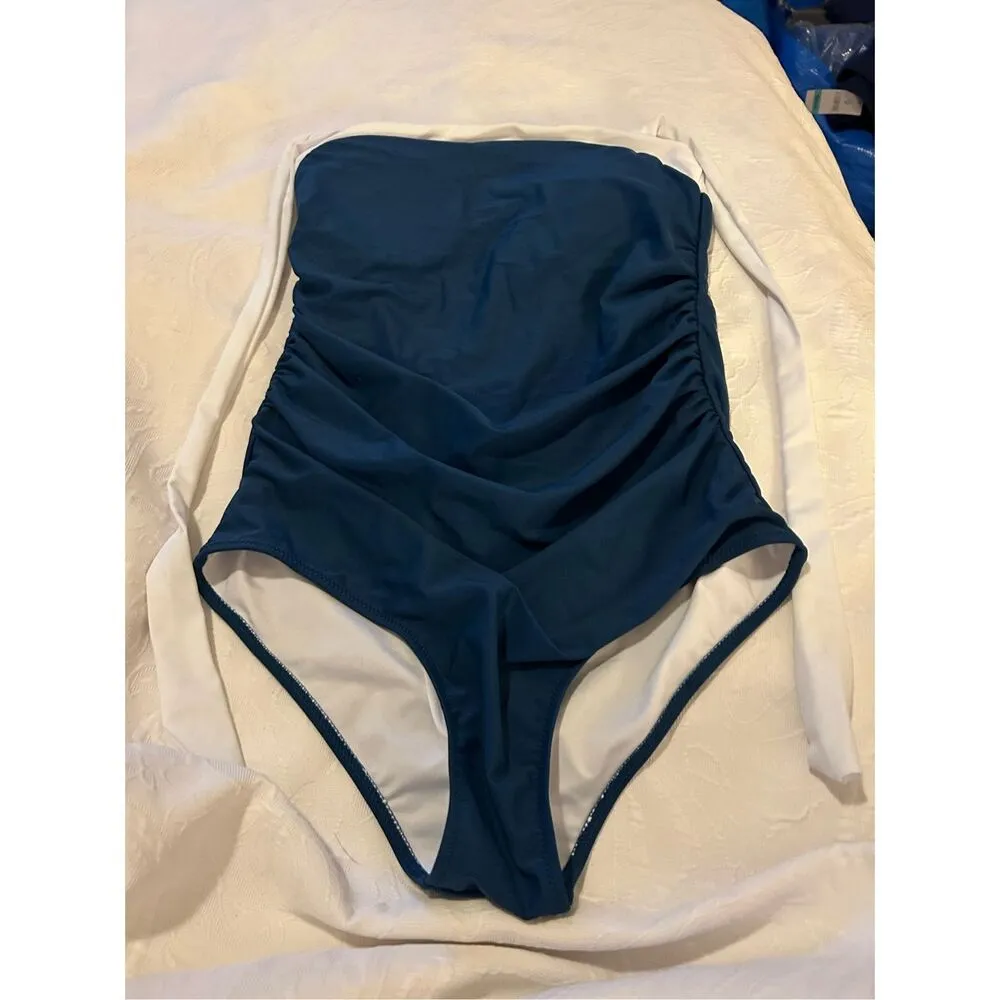 NEW Sexy Tummy Control One Piece Swimsuit Halter Retro Bathing Suit M Blue Size M - Image 3