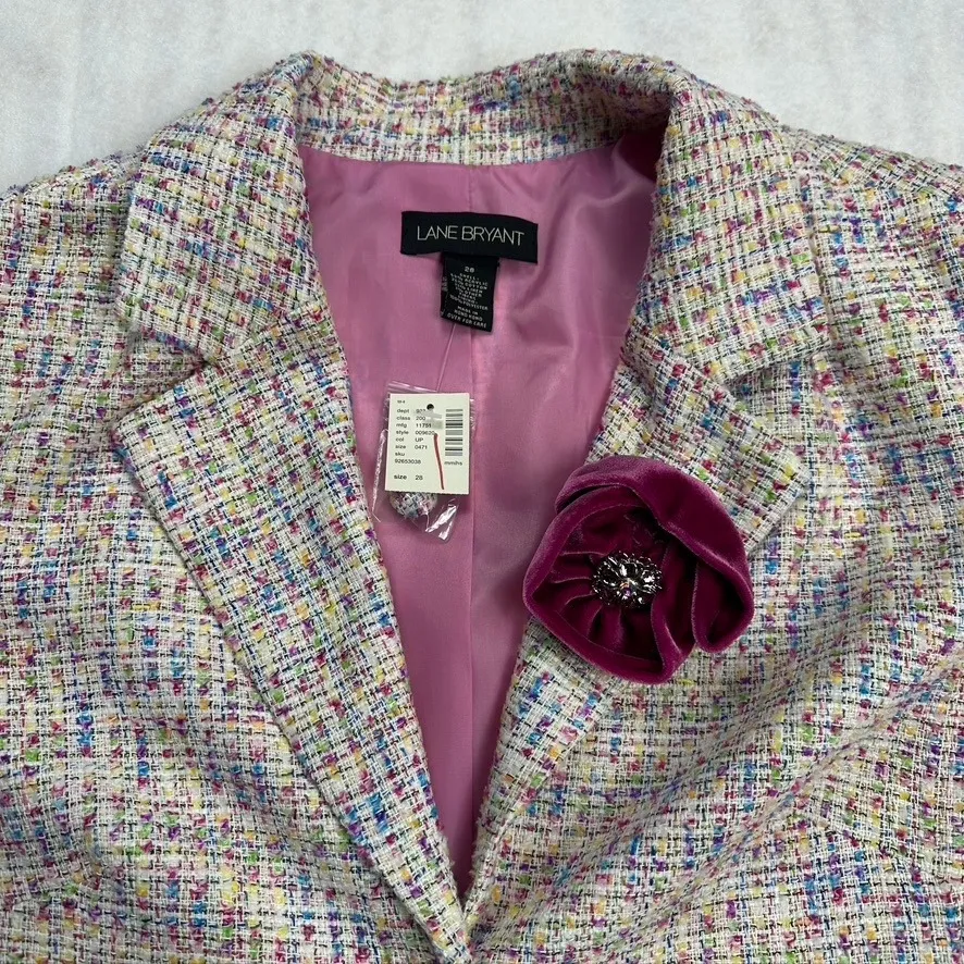 Lane‎ Bryant Women's Tweed Blazer Jacket Pink Purple Size 28 Floral Brooch New - Image 2
