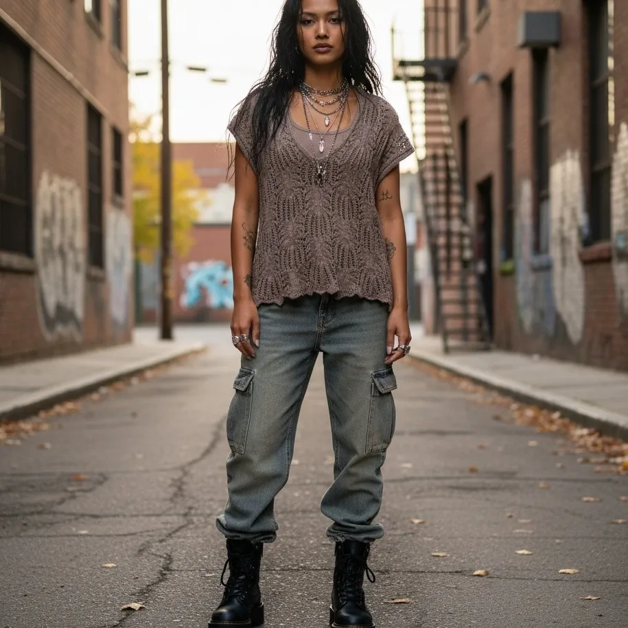 Eight Eight Eight M Taupe Crochet Top Boho Summer Retro Y2K Earthy Fest Grunge - Image 3