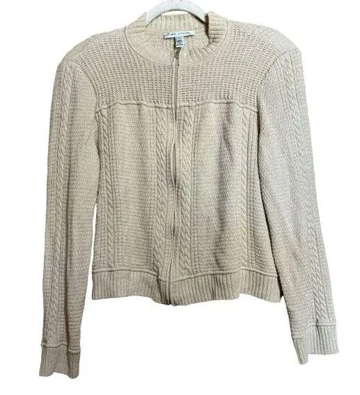 ST JOHN Cardigan Womens Large Beige Wool Blend Chunky Knit Zippered Sweater - Image 1