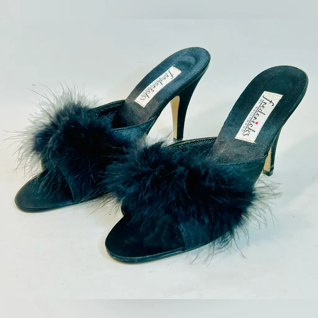 Vintage Frederick’s of Hollywood Black Maribou Feather and Silk Heels 4” size 8 - Image 5