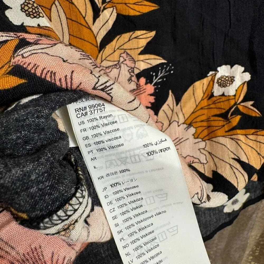 Billabong Lust Linger Black Pink Floral Long Bell Sleeve Tie Neck Top NWT - Image 8