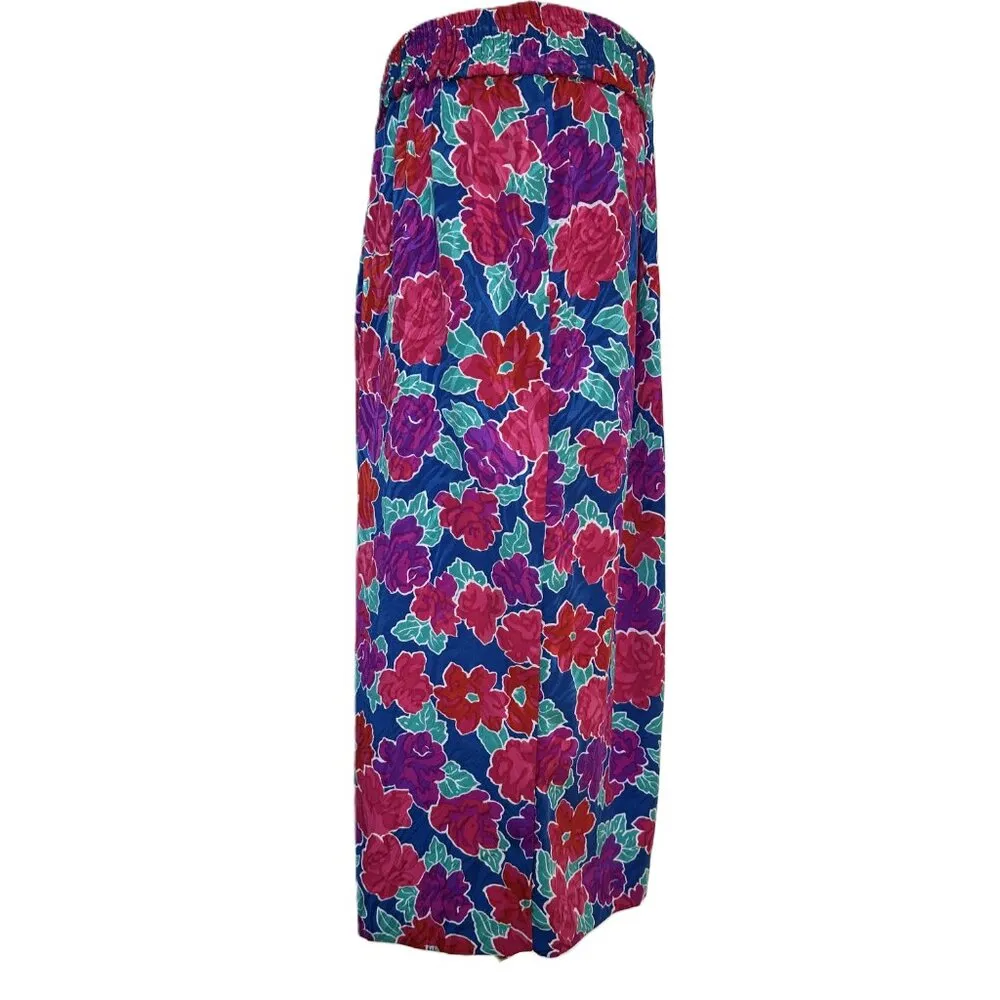 Vintage Floral Midi Skirt Size L Bright 80s Elastic Waist Pleated Front Size L - Image 5