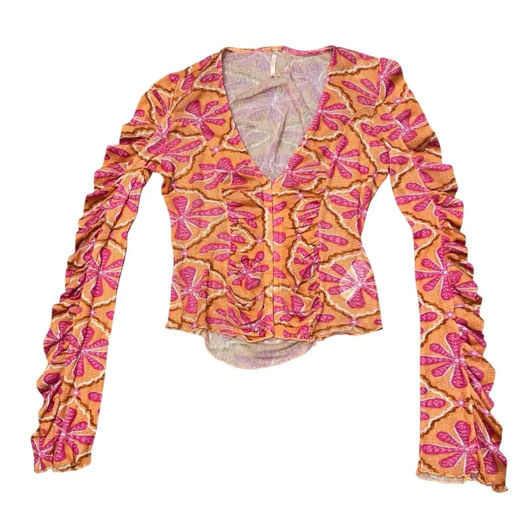 Free People Through The Meadow Ruched Mesh Orange & Pink Floral Long Sleeve Top - Image 6