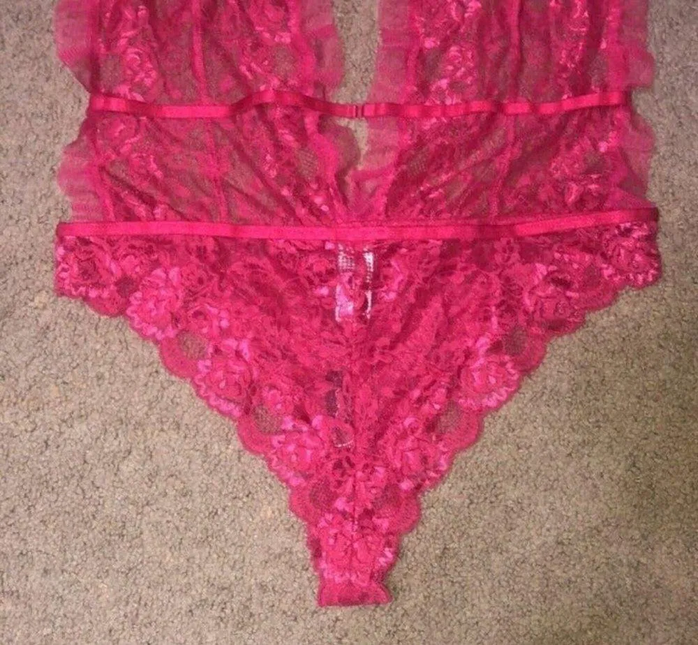 Adore Me Sierra Mesh Ruffle & Bow Floral Lace Sheer Teddy Raspberry Wine Red 3XL - Image 6