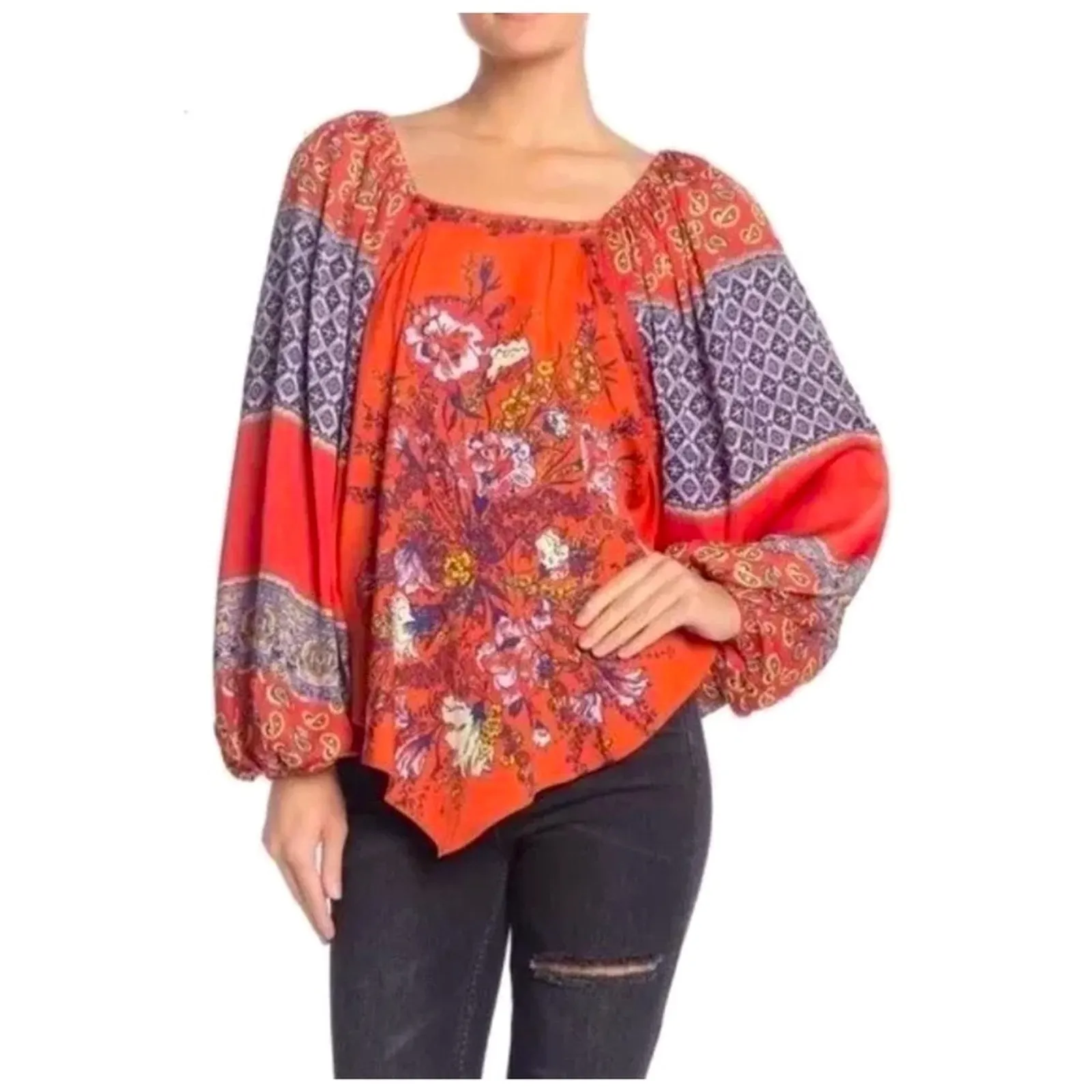 Free People Top XS Blouse Oversized Small Shirt Flowy Cottage Boho Billowy 70s - Image 5