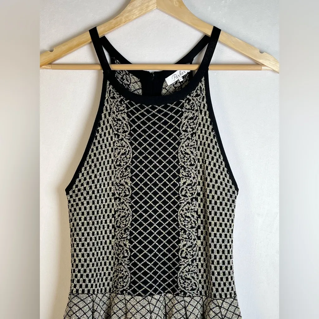 Parker Women’s Metallic Candace Fit Flare Knit Dress Black/Gold Sleeveless Sz L - Image 2