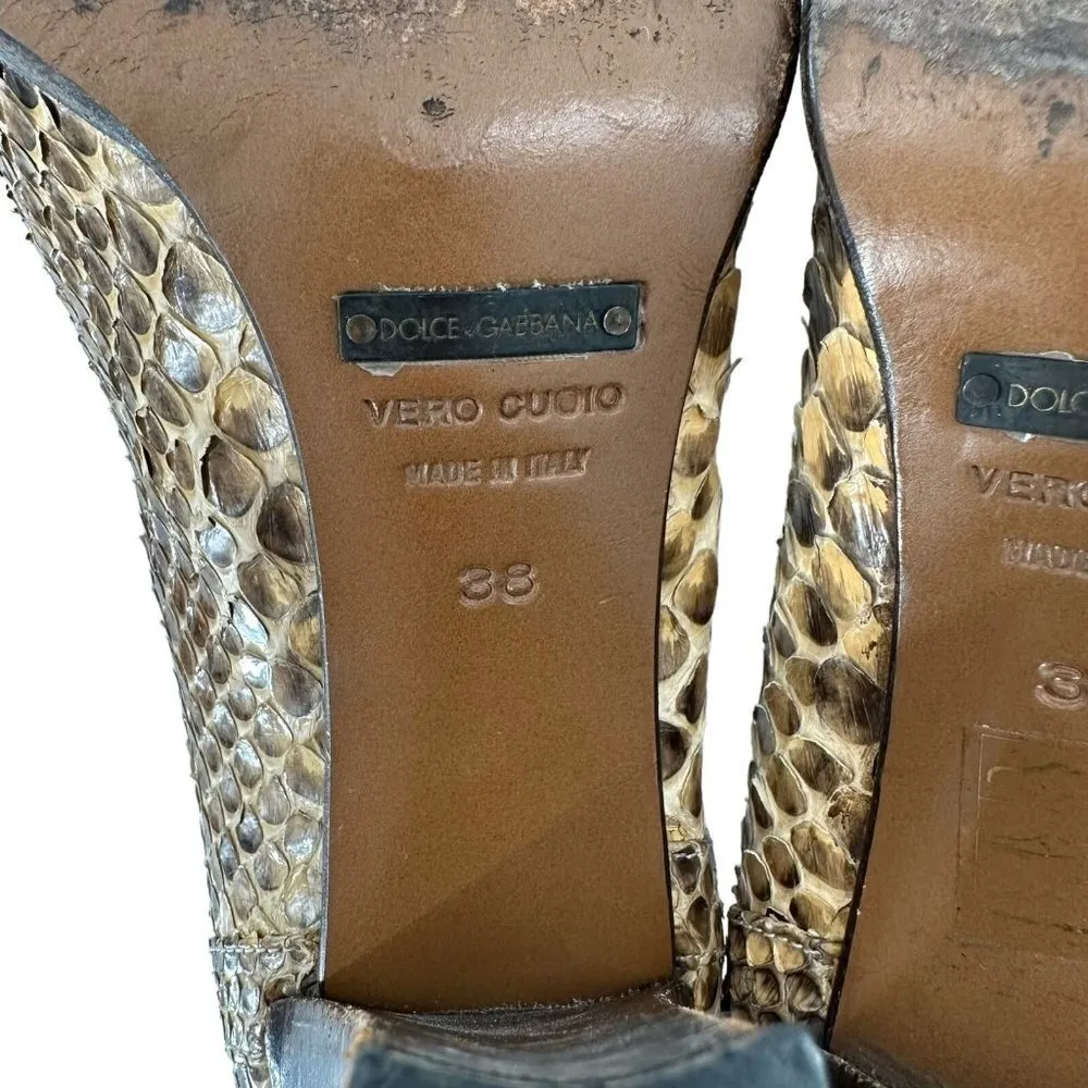 Dolce and Gabbana Brown Python Snakeskin Square Toe Kiltie Pumps Size 38 Heels - Image 10