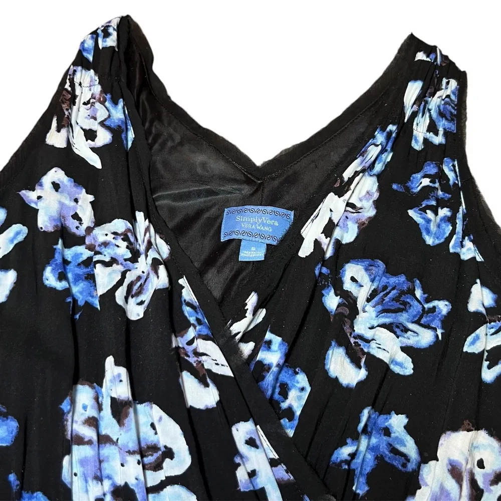 Simply Vera Vera Wang Wrap Dress Womens Small Black Blue Floral Mini Party Boho - Image 4