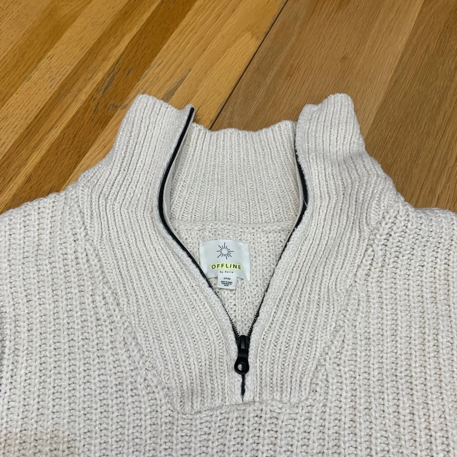 OFFLINE by Aerie Cream Ribbed Quarter Zip Pullover Sweater Women's size Small - Image 2